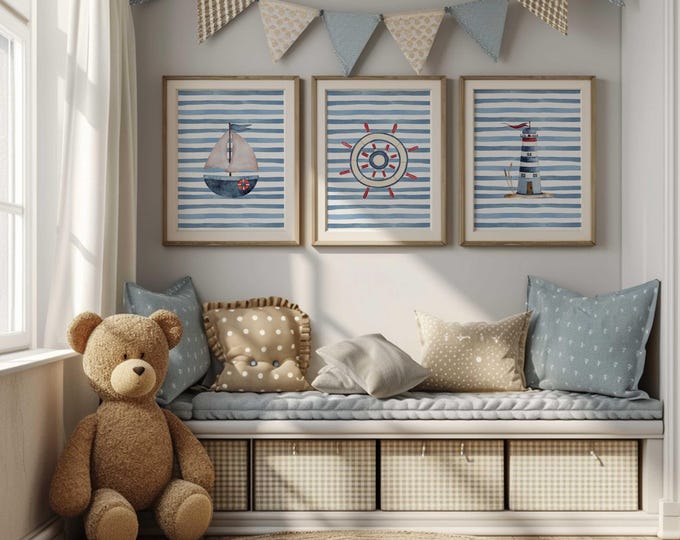 nautical nursery prints, nautical nursery decor, Boy Nursery Prints, Set of three nursery prints, Blue and Red, Sail boat & Lighthouse