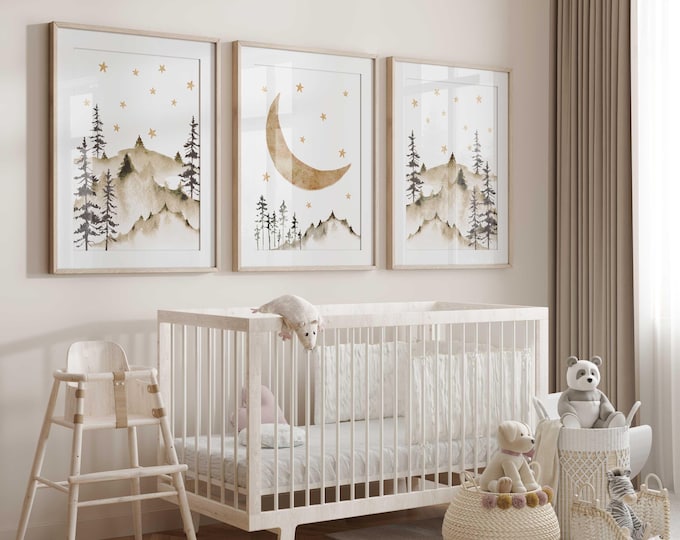 Brown Mountain Moon and Stars Nursery Wall Art Prints, Rustic Nursery Decor, Mountain nursery prints, Set of 3 Baby Boy Prints, nature theme