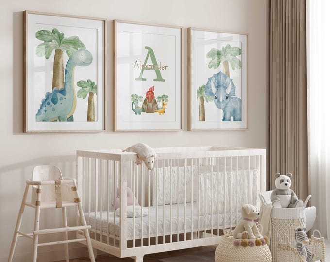 Personalized Dinosaur nursery wall decor, Dinosaur nursery prints, Set of 3 prints, Baby Boy Nursery Decor, Baby Shower Gift, Toddler Boy