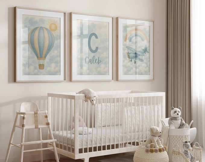 Personalized Airplane nursery wall art prints, Cloudy Sky Nursery Prints, Personalized Baby boy nursery decor, Set of 3 nursery prints
