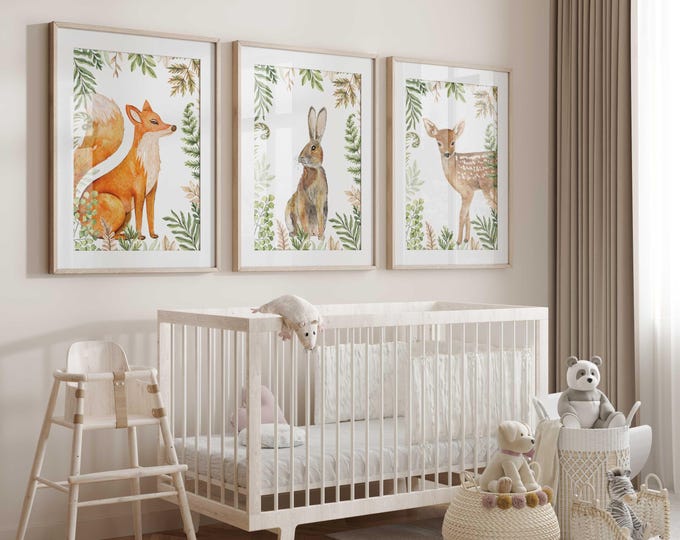 Woodland Animal Nursery Wall Art Prints, Forest Animal Nursery Decor, Set of 3 gender neutral nursery prints, Fox Bunny Rabbit and Fawn Art