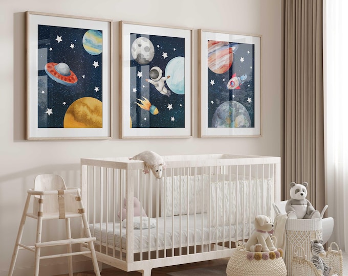 Space nursery wall decor, Galaxy wall art prints, Set of 3 space nursery prints, Planet Nursery Decor, Astronaut nursery prints, boy decor
