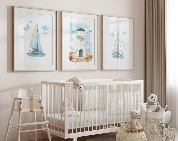 Nautical nursery prints, Sailboat nursery decor, Lighthouse Nursery Prints, Set of 3 nursery prints, Blue and White, Sail boats & Lighthouse