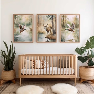 Aquarell Ente & Hirsch Kinderzimmer Drucke: Gelassener Wald 3er Set