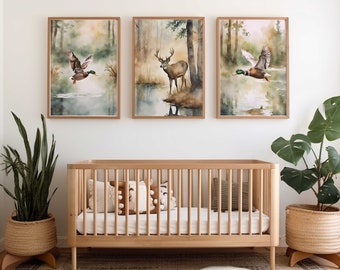 Watercolor Duck & Deer Nursery Prints: Serene Forest Set of 3