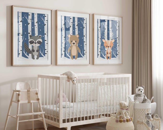 Woodland animal nursery wall art prints, Blue nursery decor, birch tree wall art prints, Set of 3 Prints, night sky nursery prints, Neutral