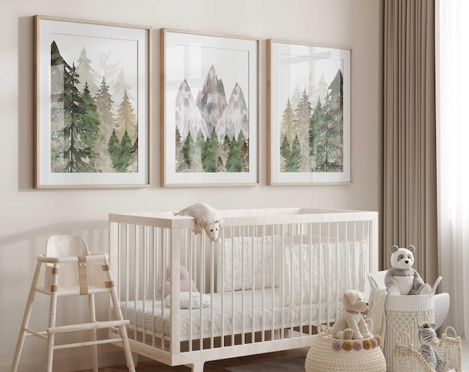 Mountain Nursery Art Prints: Forest Pine Tree Decor, Set of 3