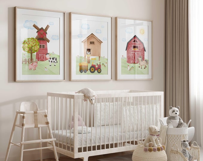 Farm Nursery Wall Art Prints, Rolling Hills Farm Nursery Decor, Set of 3 Canvas Prints, Baby Boy Nursery Decor, Farm Animal Wall Art, Gift