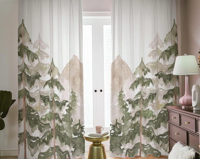 Mountain Nursery Curtains, Brown Mountain and Forest Nursery Room Decor, Kids Bedroom Curtains, Mountain Window Drapes, Black Out Curtains