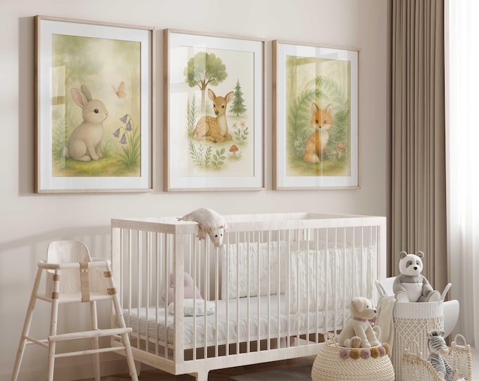 Enchanted Forest Animal Nursery Wall Art Prints, Woodland Animal Nursery Decor, Set of 3 gender neutral nursery prints, bunny deer fox art