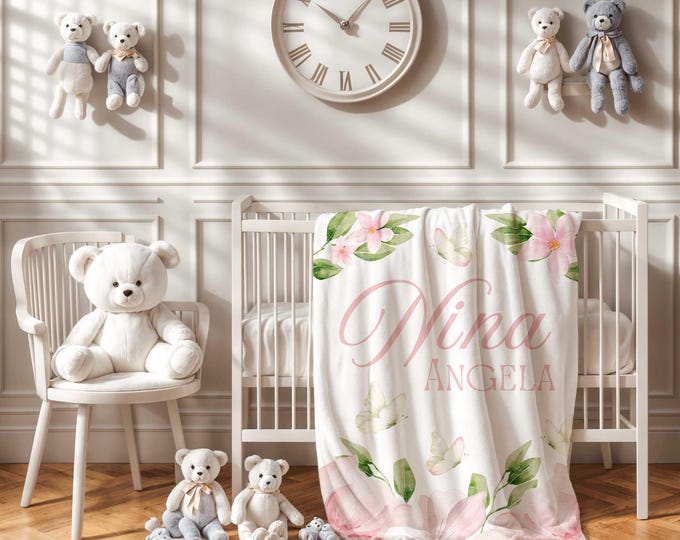 Personalized Butterfly Floral Baby Blanket: Soft Plush Nursery Decor