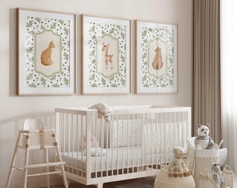 Woodland Nursery Prints: Fox, Deer, Bear Wall Art (Set of 3)