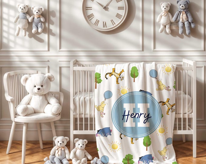 Personalized Winnie the Pooh Baby Blanket: Blue Woodland Nursery Decor