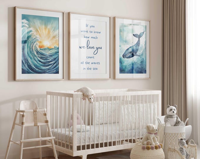 Whale nursery wall art prints, ocean nursery decor, under the sea nursery, baby boy nursery decor, beach waves nursery wall art prints, Gift