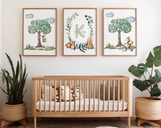 Personalized Storybook Animal nursery wall decor, Storybook Nursery Prints, Rabbit and Fox nursery wall art, Set of 3 prints, Gender Neutral