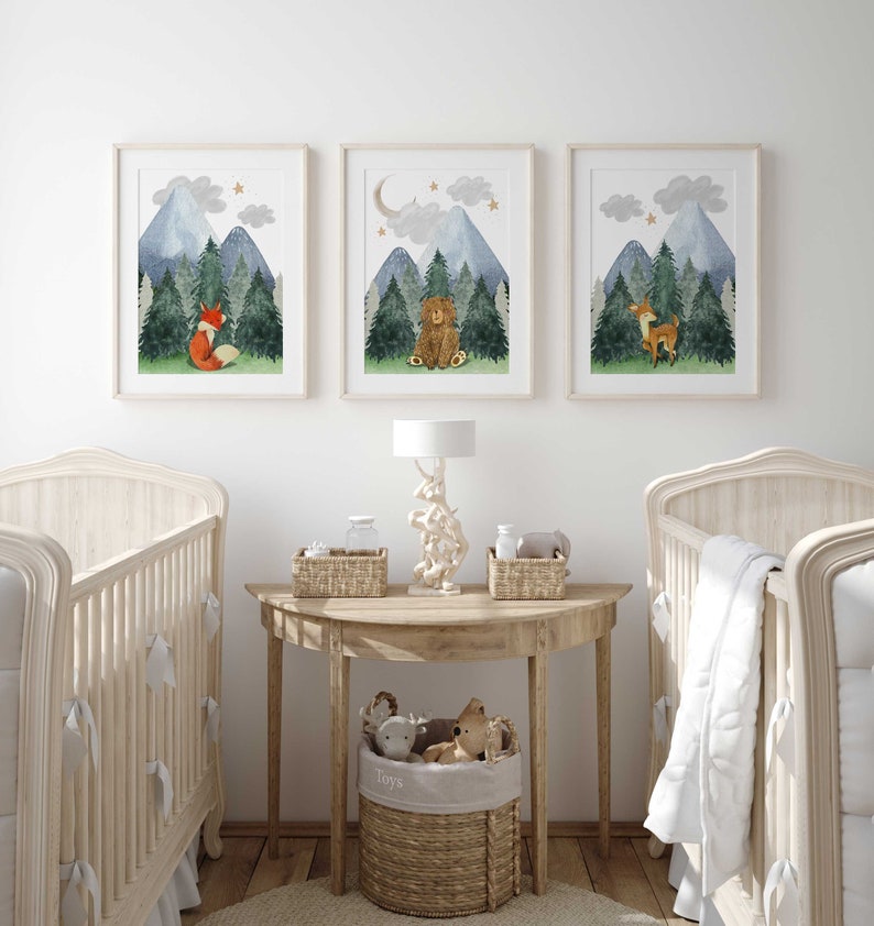 Woodland Animal Nursery Prints: Mountain Night Sky Decor, Set of 3 - Etsy