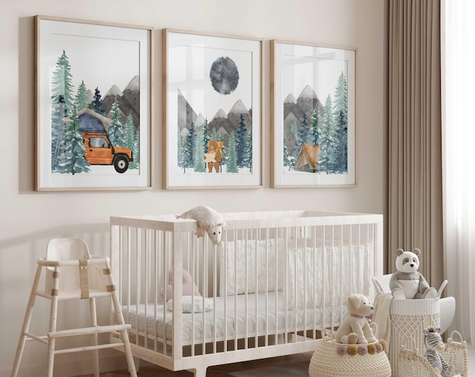 Camping Nursery Wall Art Set, Mountain Forest Adventure with Bear, Tent & Truck, Watercolor wilderness baby room prints, Set of 3 Canvas Art