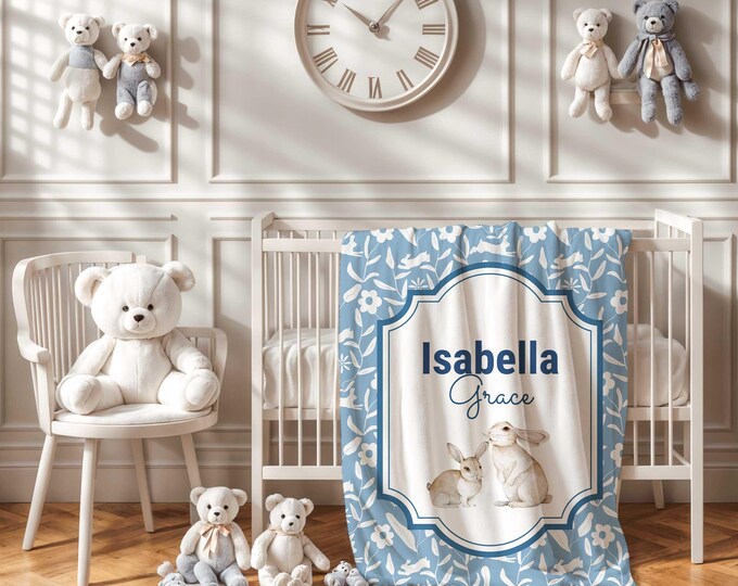 Personalized Blue Bunny Baby Blanket, Bunny Rabbit Nursery Decor, Gender Neutral Newborn Baby Blanket, Custom Baby Shower gift, Soft Blanket
