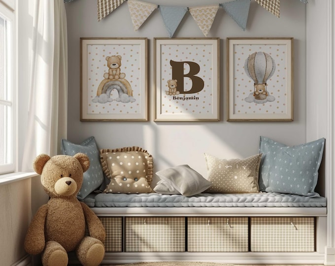Teddy Bear nursery wall decor, Bear nursery prints, Personalized Initial & Name nursery Prints, Set of 3 prints, brown bear Nursery Decor