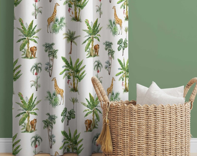 Jungle Animal Nursery Curtains | Safari Nursery Decor | Kids Bedroom Curtains | Darkening Curtains | Tropical Nursery Window Curtains