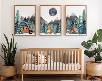 Camping kinderkamer muur alle prints | Decor voor de kinderkamer in de bergen | Boskwekerijafdrukken | Set van drie kinderkamerprints | Kinderkamer decor voor jongens