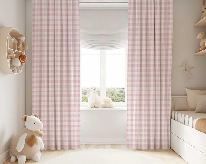 Pink Gingham Room Darkening Curtains: Kids Nursery Plaid