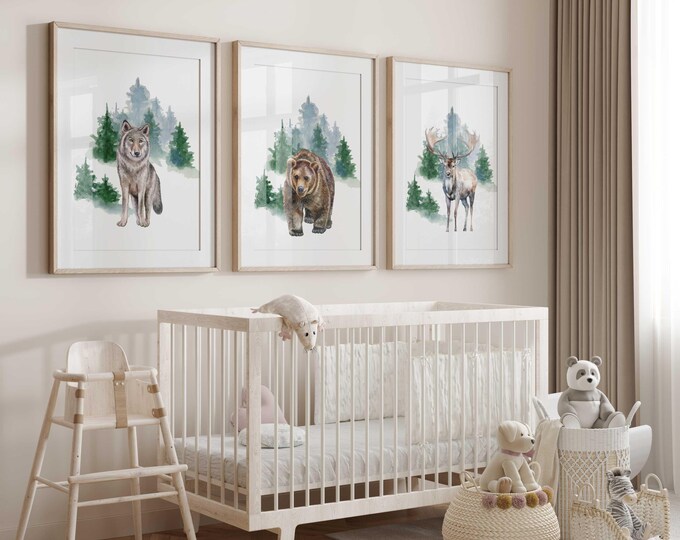 Woodland Nursery Wall Decor, Forest Nursery Prints, Woodland Print Set, Woodland Animal Prints, Wolf Bear and Deer Nursery wall art prints