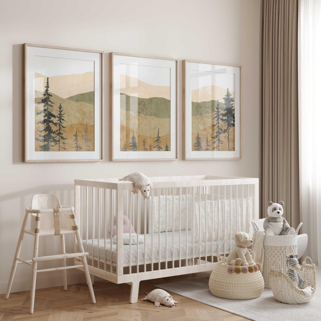 Mountain Landscape Nursery Prints: Brown Forest Wall Art, Set of 3 - Etsy