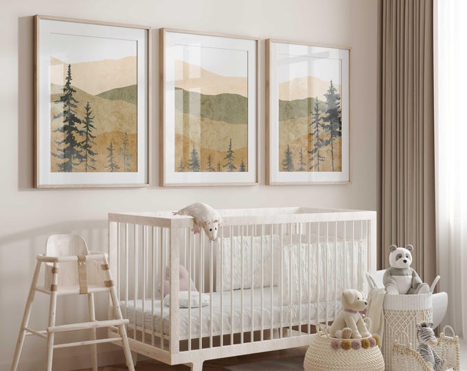 Brown Mountain Landscape Nursery wall art Prints | Forest Nursery Decor | Set of 3 Nursery Prints | Mountain Nursery Decor | Brown Nursery