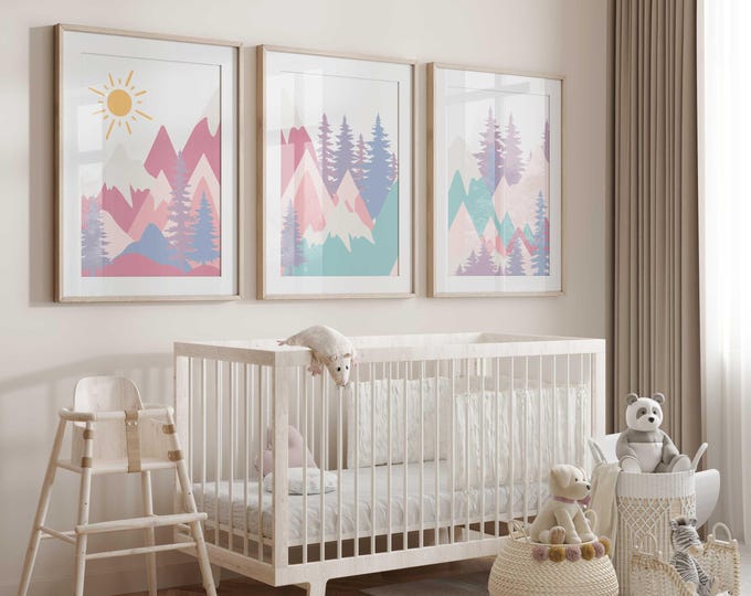 Abstract Mountain nursery wall art prints, Mountain Forest Nursery Decor, Mountain Nursery prints, Set of 3 prints, Pastel pink cyan purple