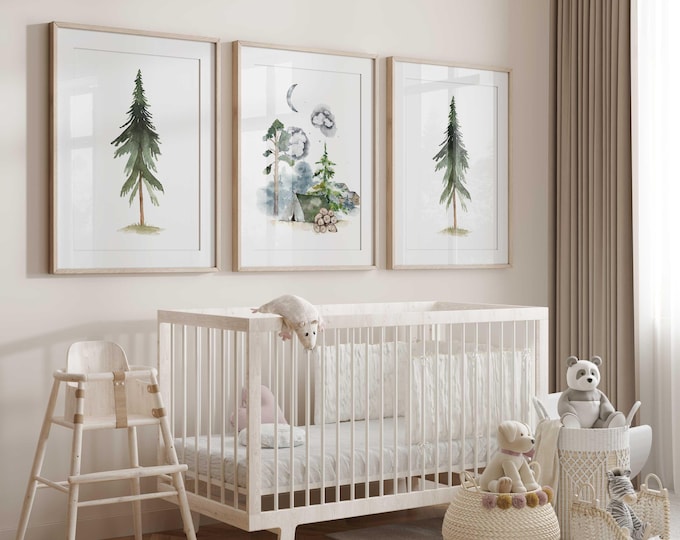 Pine tree nursery wall decor, camping nursery wall art prints, Forest Nursery Prints, Set of 3 boy nursery prints, Woodland Nursery Prints
