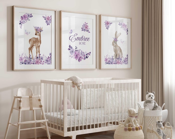 Personalized Woodland Animal Nursery Art Prints: Purple Floral Decor, Set of 3