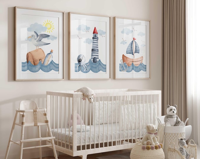 Nautical nursery prints, ocean nursery decor, Boy Nursery Prints, Set of three nursery canvas prints, Pirate themed nursery wall art prints