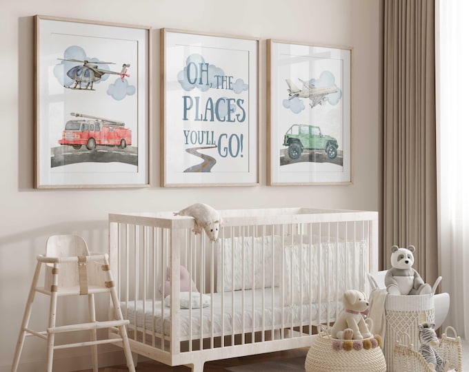 Oh, the places you'll go nursery decor | Transportation nursery prints | unframed set of three nursery prints | Boy wall decor | Adventure