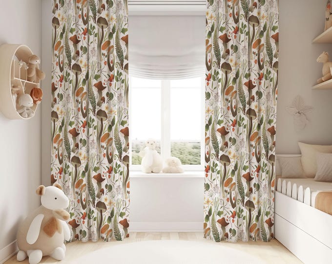 Mushroom Nursery Curtains | Mushroom Nursery Decor | Kids Bedroom Curtains | Black Out Curtains | Forest Nursery Window Curtains | woodland