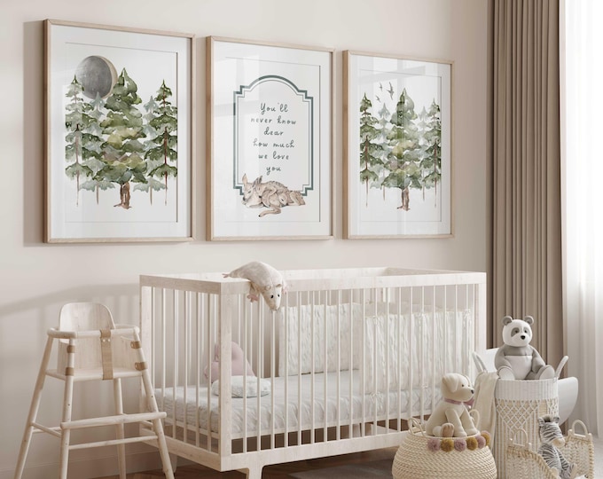 Deer nursery wall decor | Pine Tree nursery prints | Woodland nursery Prints | Set of 3 prints | You'll never know dear how much we love you