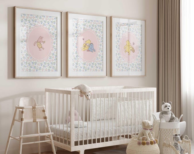 Winnie the Pooh nursery wall decor | Pink Floral nursery prints | Floral Nursery Decor | Set of 3 prints | Baby Girl Nursery | Baby Gift