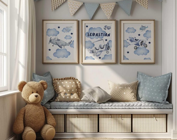 Personalized Airplane Nursery Prints: Cloudy Sky Decor, Baby Boy Room, Set of 3