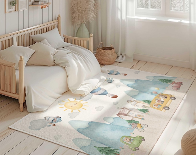 Whimsical Animal world play rug | Mountain nursery play mat | Gender Neutral play rug | Kids Animal Village Play Rug | toddler Gift