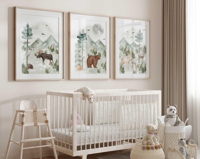 Woodland Animal Nursery Prints - Moose, Bear and Deer Mountain Wall Art Set - Neutral Forest Nursery Decor - Rustic Baby Room Art Set of 3
