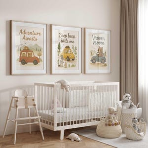 Auto kinderkamer kunst aan de muur, decor avontuur kinderkamer, dieren autorijden kinderkamer kunst, set van 3 canvasafdrukken, piep piep, Vroom Vroom, jongen
