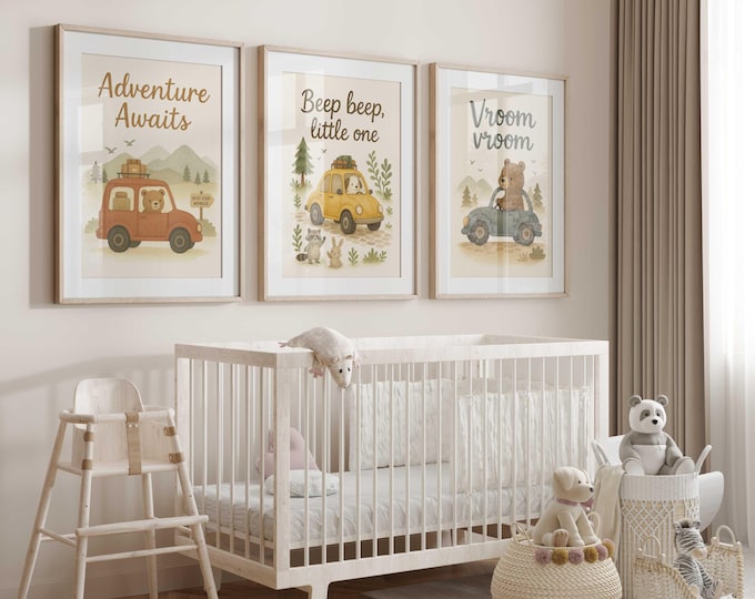 Car Nursery Wall Art Prints, Adventure Nursery Decor, Animals driving cars Nursery Art, Set of 3 canvas prints, Beep beep, Vroom Vroom, Boy
