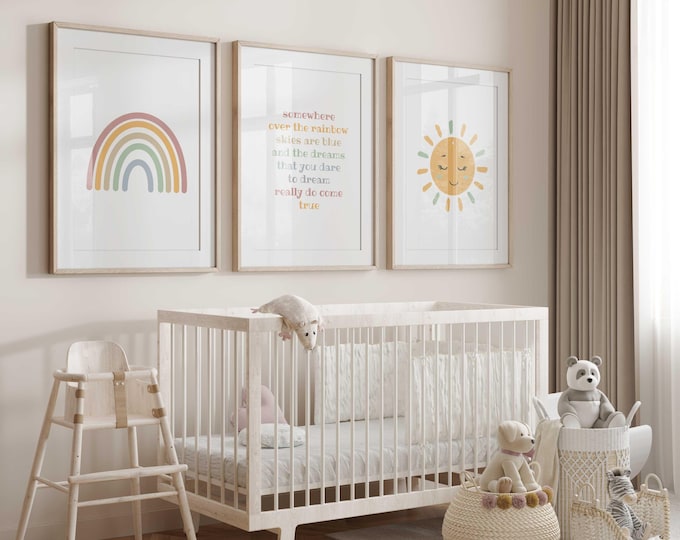 Somewhere Over the Rainbow Nursery Wall Art Prints, Rainbow Nursery Decor, Sunshine Nursery Prints, Set of 3 Nursery Prints, Gender Neutral