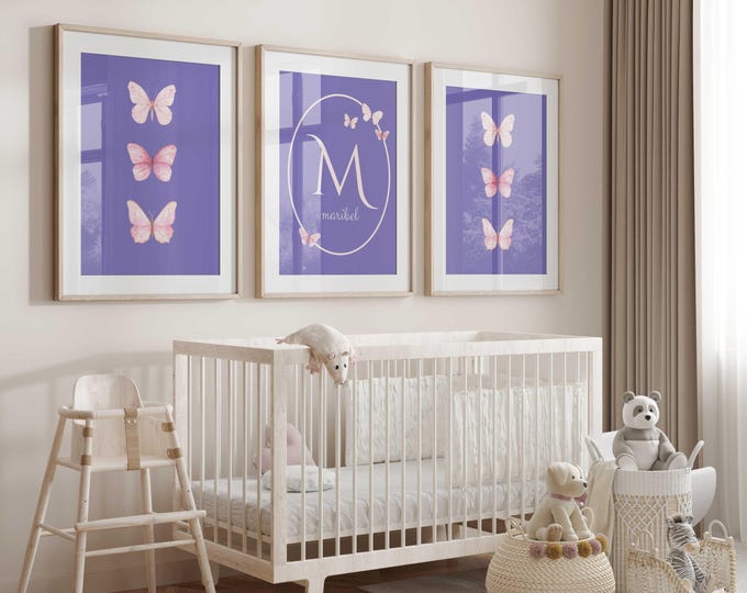 Personalized Pink and Purple Butterfly Nursery prints, Butterfly nursery wall decor, pink butterflies, girl nursery prints, Set of 3 prints