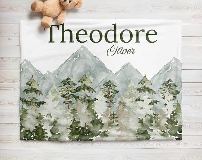 Personalized Mountain Forest Nursery Blanket: Green Woodland Baby Blanket