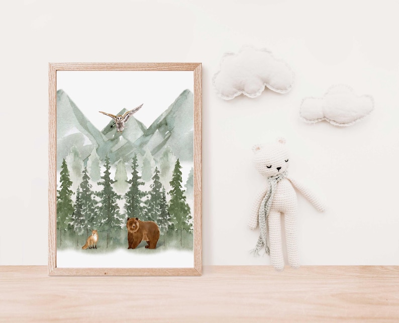 Woodland Nursery Prints: Green Mountain Animal Art, Set of 3 image 9