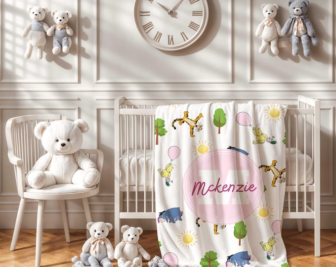 Personalized Winnie the Pooh Baby Blanket: Pink Girl Nursery Decor