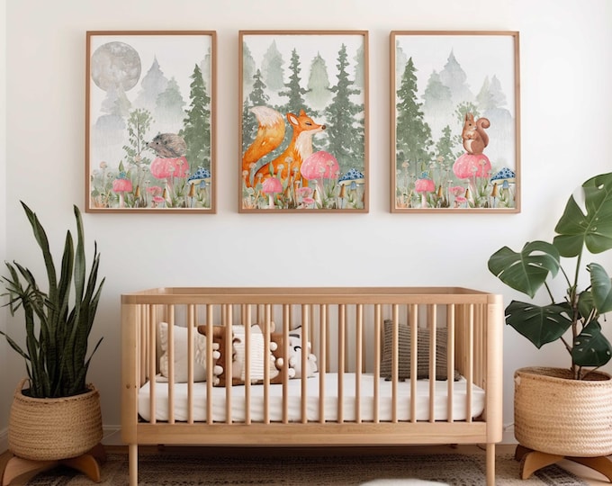 Woodland Animal Nursery Wall Art Prints, Forest Animal Nursery Decor, Set of 3 gender neutral prints, Mushroom Nursery Wall Art Prints, Fox
