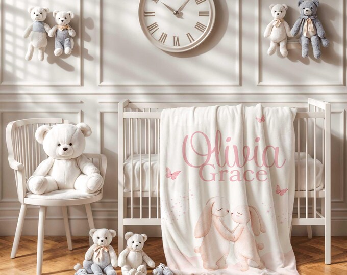 Personalized Bunny Rabbit Baby Blanket, Bunny Rabbit Nursery Theme, Pink Bunny Baby Blanket, Baby Girl Crib Blanket, Custom Baby Shower Gift