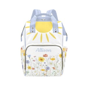 Wildblumen und Sonnenschein Rucksack Windel Tasche, Wildblumen Windel Tasche, Mädchen Windel Tasche, Baby-Dusche-Geschenk, personalisierte Wickeltasche, Windeltasche